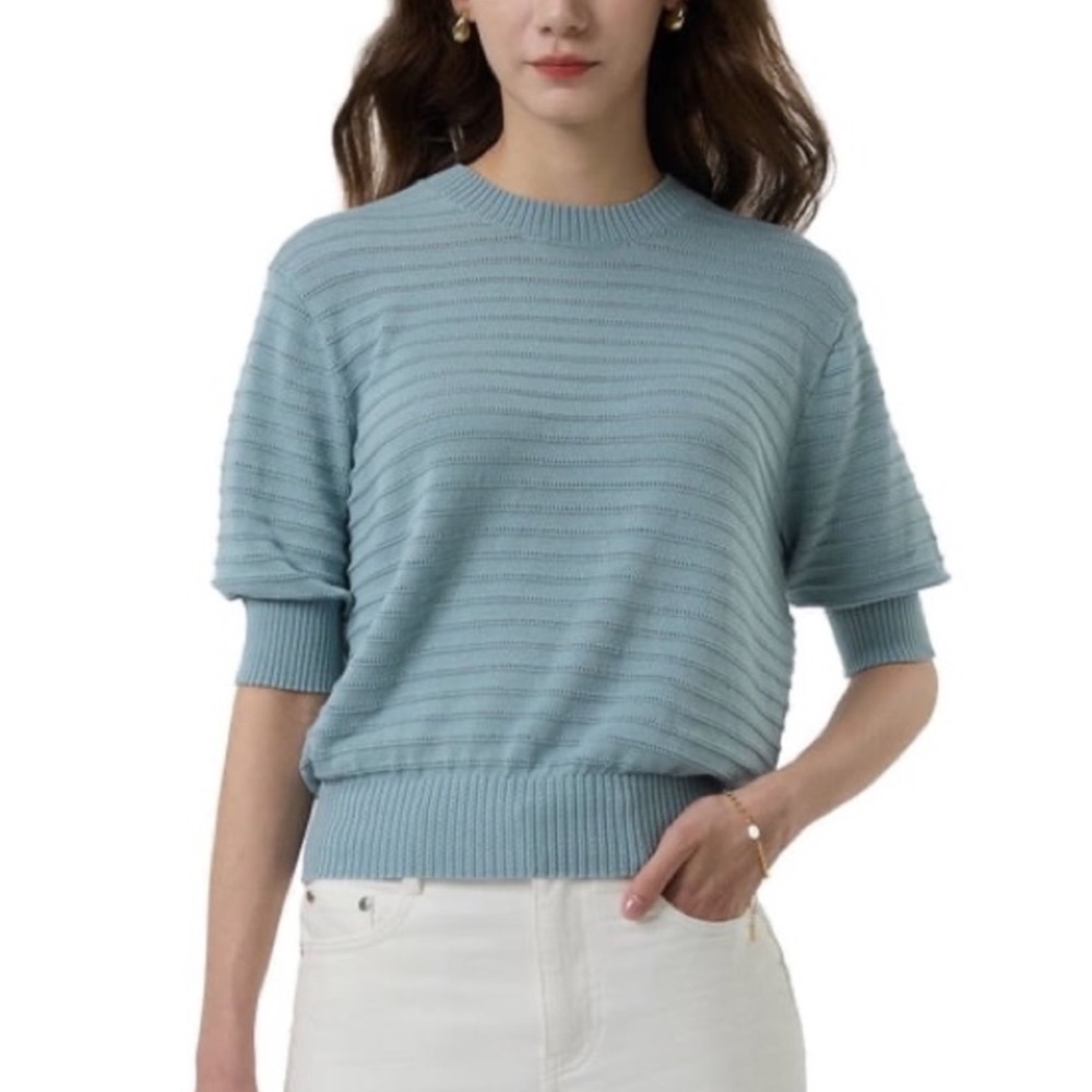 Frye Womens XXL Light Blue Pointelle Stripe Short Sleeve Crew Neck Sweater Top